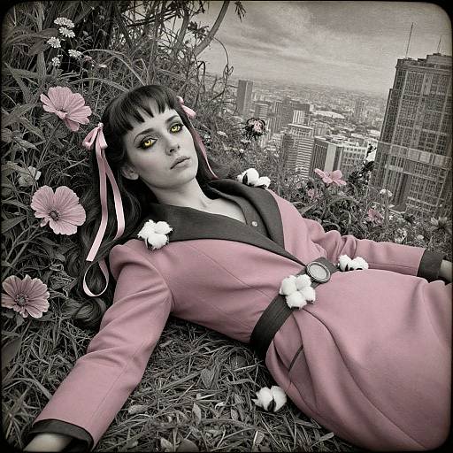 Photograph-style digital art of a pale-skinned woman with black hair and yellow eyes, lying in flowers, wearing a pink jacket, against a city