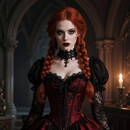 Digital artwork of a pale-skinned, red-haired woman with braided hair, wearing a black lace and red corset in a dimly lit,