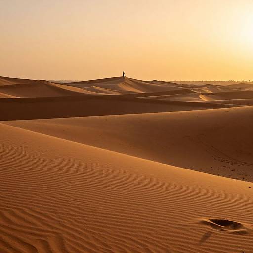 Photograph of a serene desert sunset with rippled sand dunes, a solitary figure standing atop a distant dune, bathed in warm golden light