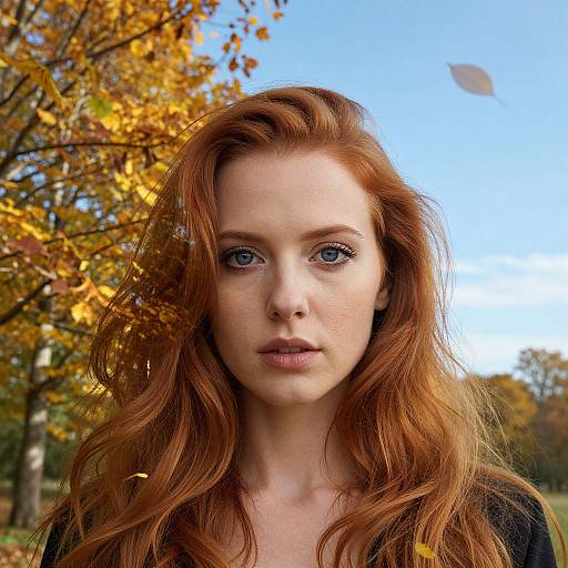 Photograph of a fair-skinned, red-haired woman with blue eyes, standing outdoors in autumn. She has wavy hair and a neutral expression,