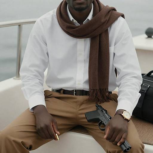 Man with Gun and Bullet on Boat