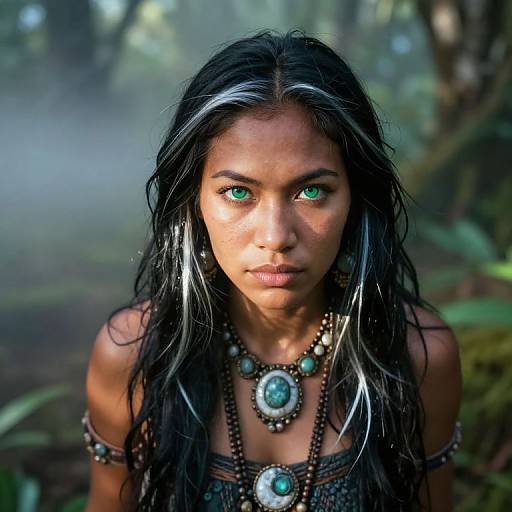 Photograph of a young Indigenous woman with long, wet black hair, striking green eyes, and tribal jewelry, standing in a misty forest.