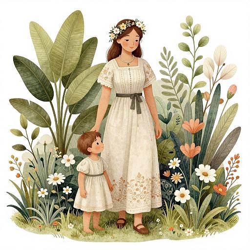 Illustration of a smiling woman in a white lace dress and flower crown, holding hands with a young boy in a white dress, standing among lush green