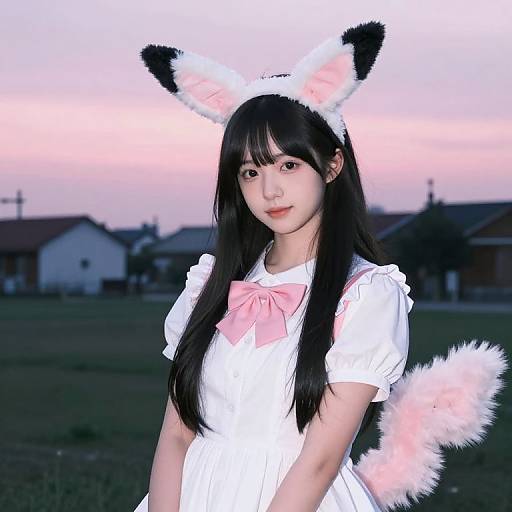 Young Asian woman with long black hair, wearing white cosplay outfit with pink bow, pink and white furry cat ears and tail, standing outdoors at sunset.