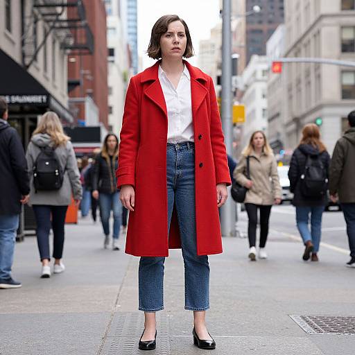 Photograph of a serious woman with short brown hair, wearing a bright red coat, white blouse, and blue cuffed jeans, standing confidently on a