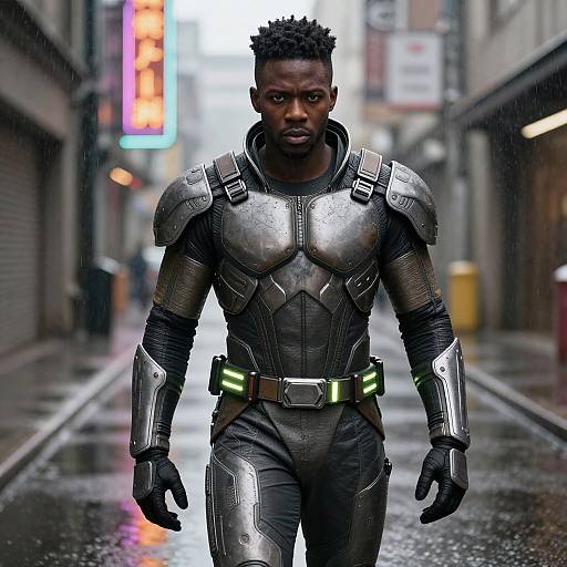 Photorealistic CGI of a Black man with short curly hair, wearing a futuristic metallic black suit, standing in a rainy urban alley with neon signs in