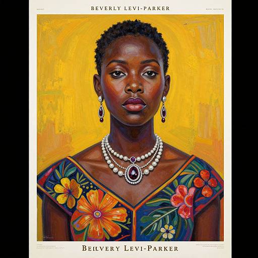 Vibrant portrait of a dark-skinned woman with short curly hair, wearing floral dress, pearl necklace, and earrings, set against a yellow background