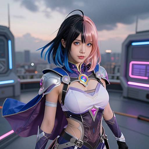 Digital artwork of a blue-haired anime woman in futuristic armor with a glowing gem, standing on a neon-lit rooftop at sunset.