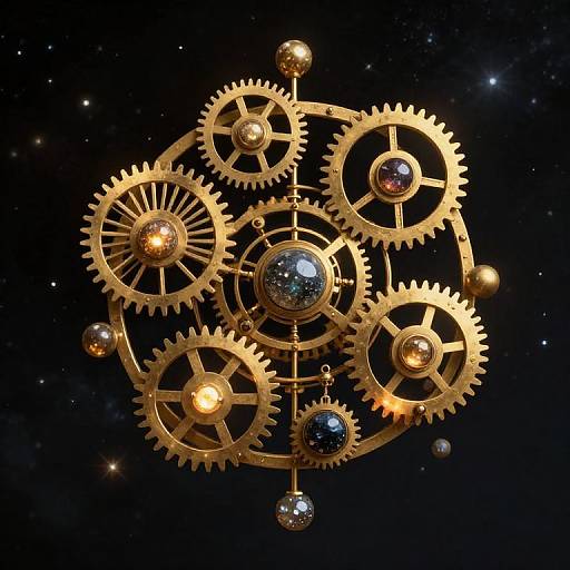 Digital artwork of intricate golden gears and cogs with glowing orbs and gem-like spheres floating in a starry black space.