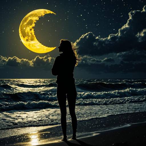 Silhouette of Woman by Ocean Under Broken Crescent Moon Silhouette of Woman by Ocean Under Broken Crescent Moon