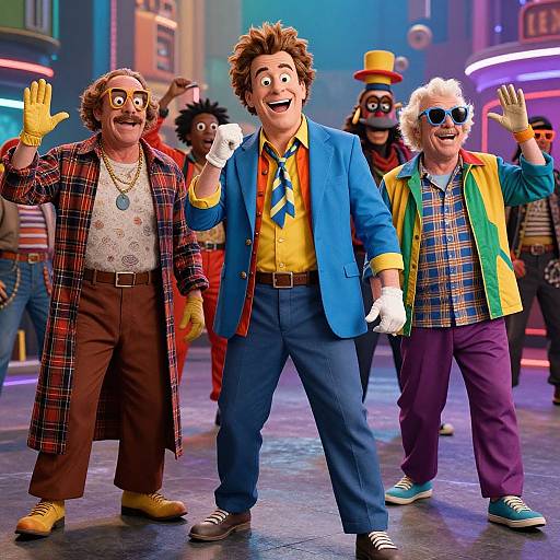 Photograph of colorful, animated characters in a vibrant city street, wearing varied, retro outfits, laughing and waving, with neon lights in the background.