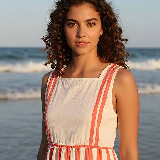 Photograph of a young woman with curly brown hair, wearing a white dress with red stripes, standing on a sunny beach with waves in the background.