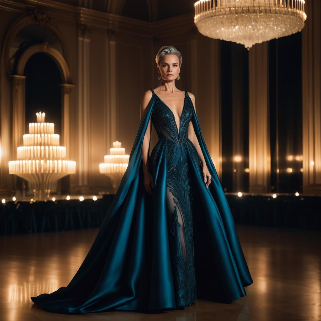 Dramatic Evening Gown in Candlelit Ballroom