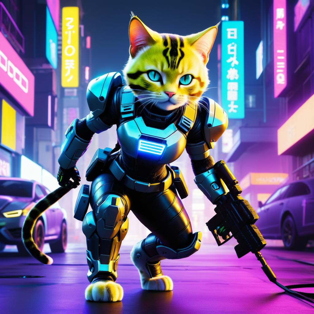 Cybernetic Feline Warrior in Neon City