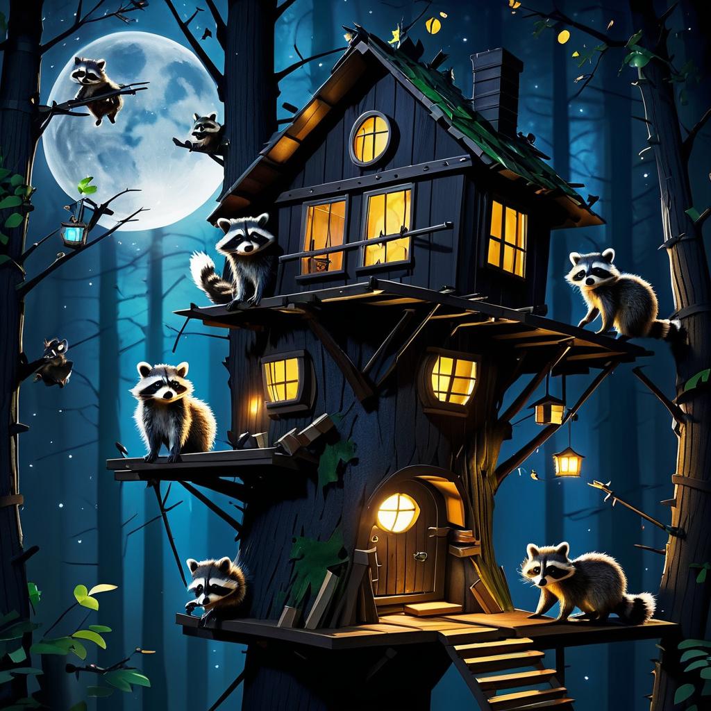 Mischievous Raccoons in a Treehouse