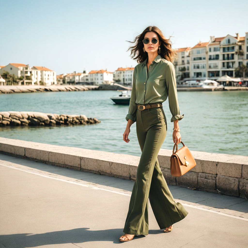 Confident Woman in Olive Green Bell-Bottoms