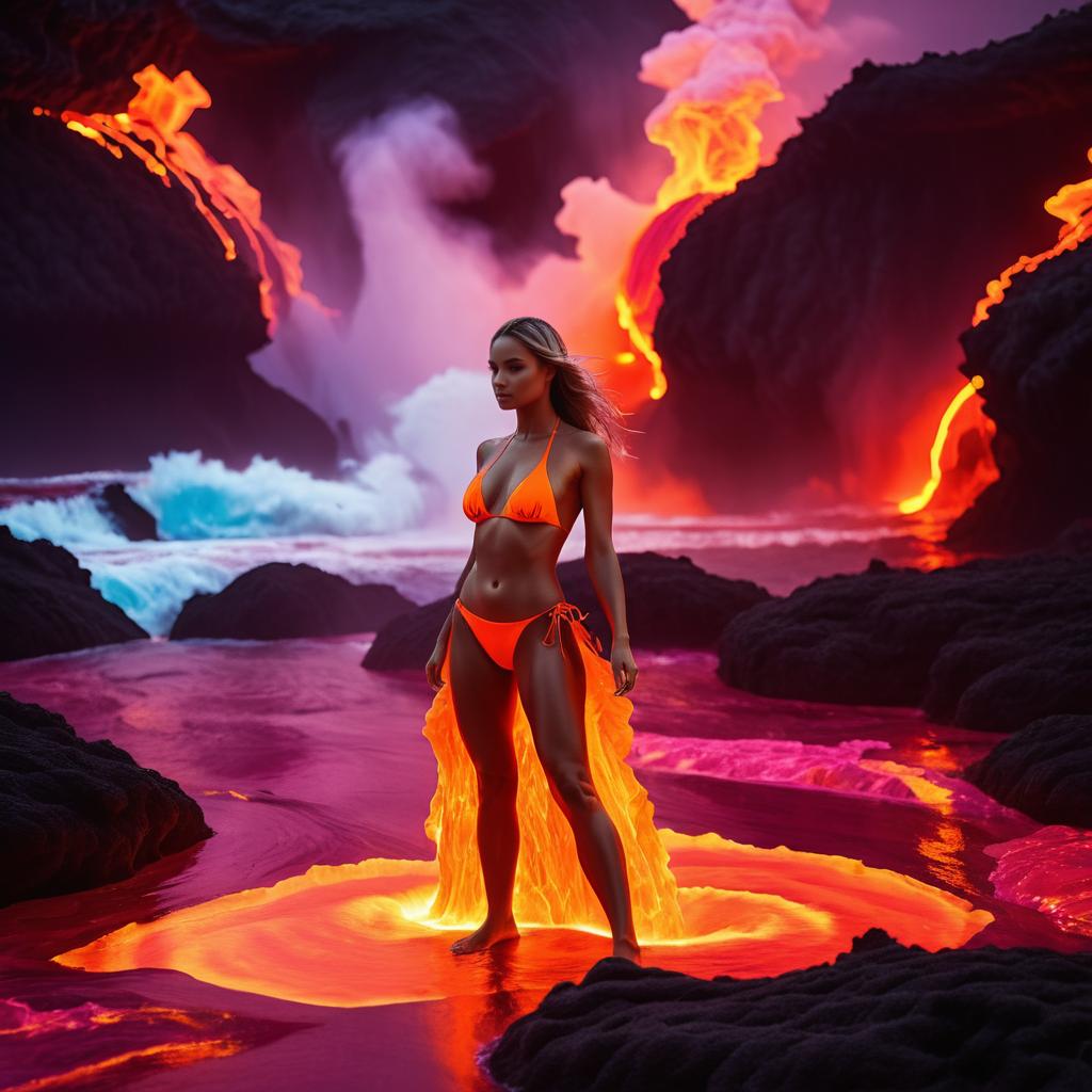 Surreal Woman Amidst Lava Eruptions