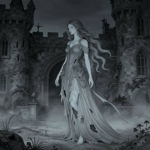 Digital artwork of a ethereal, long-haired woman in a tattered, flowing dress standing in a misty, gothic castle courtyard at night.