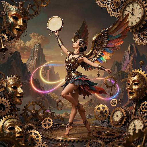 Digital art: Steampunk angel dancer with colorful wings, golden headdress, and ornate jewelry, holding glowing rings amidst clock gears and masks,