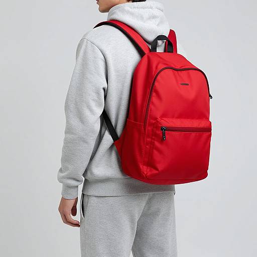 Man in Grey Hoodie with Red Backpack