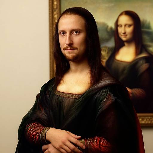 Photograph of a modern man with long brown hair, beard, and mustache, dressed in a dark robe, standing in front of a Leonardo da