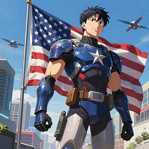Futuristic Anime Warrior with Flag
