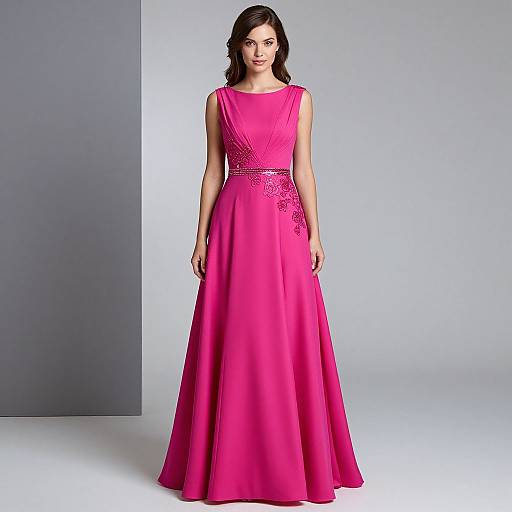 Photograph of a woman with dark hair in a sleeveless, vibrant pink, floor-length gown with lace detailing at the waist, standing against a gray