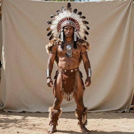 Photograph of a muscular, dark-skinned man in traditional Native American attire: feathered headdress, fur-trimmed loincloth, arm