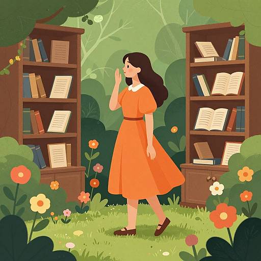 Illustration of a woman in an orange dress, with dark hair, walking between two wooden bookshelves filled with books, in a vibrant, flower