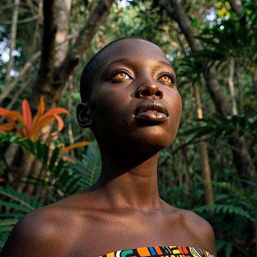 Photograph of a dark-skinned woman with bright orange eyes, standing in a lush, green forest. She wears a colorful, strapless top,