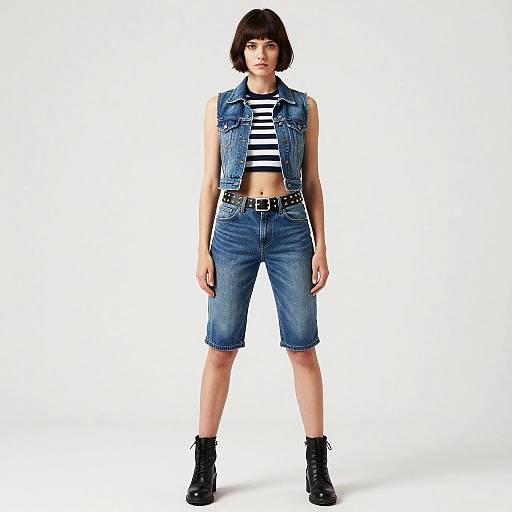 Photograph of a young woman with short brown hair, wearing a sleeveless denim vest, black-and-white striped shirt, blue capri jeans, black