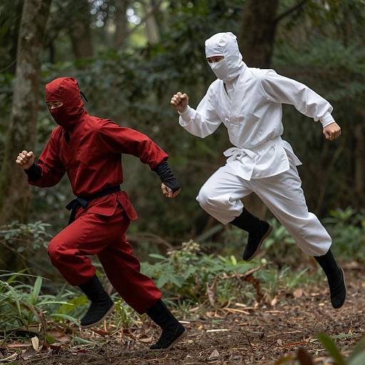 Forest Duel: Red and White Ninjas