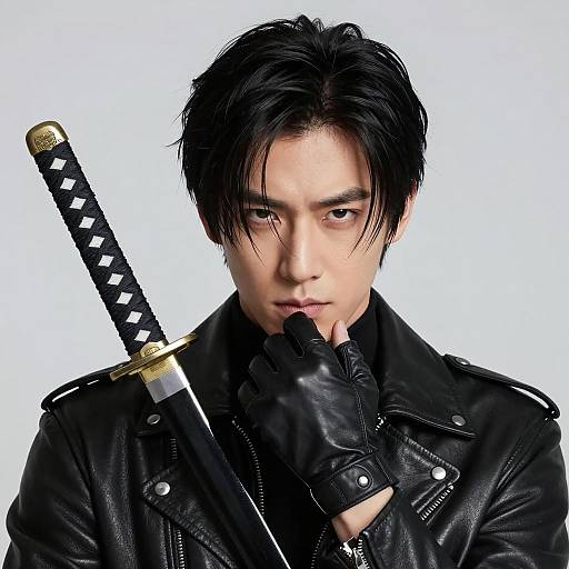 Asian Male with Katana in Black Leather Jacket