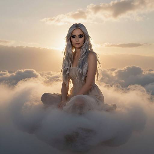 Photograph-style digital art of a silver-haired woman with dramatic makeup, sitting on a cloud at sunset, surrounded by misty clouds.
