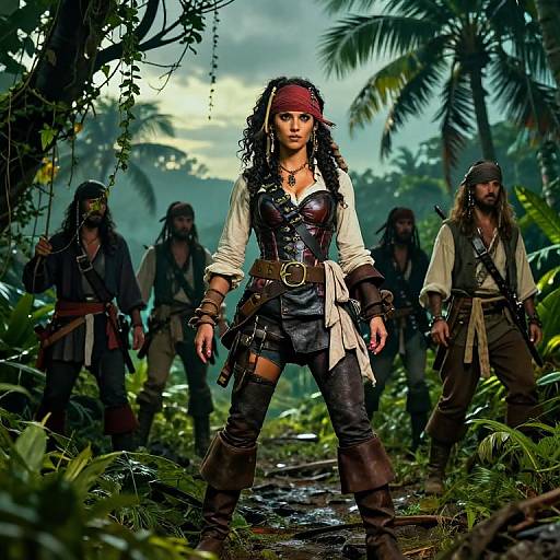 Digital artwork of a fierce, curly-haired woman in pirate attire, front and center, surrounded by three shadowy pirates in a lush, tropical jungle.