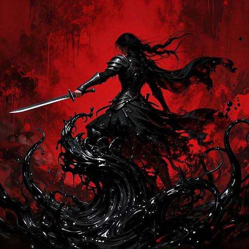 Digital illustration of a silhouetted warrior in black armor with flowing cloak, holding a glowing sword, set against a vivid red, splattered background