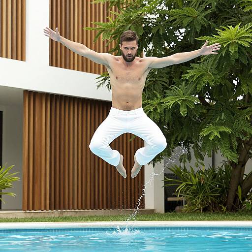 Bearded Man Jumping Over Pool