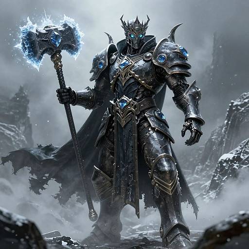 Digital fantasy art of a towering, armored warrior with glowing blue eyes, holding a lightning-encrusted hammer, standing in a snowy, foggy