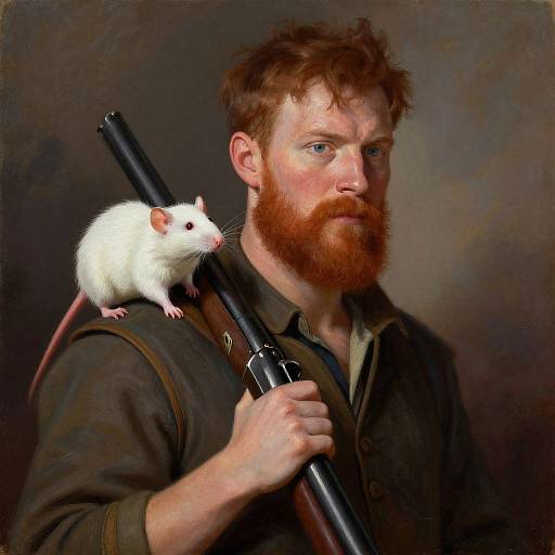 Photorealistic painting of a red-bearded man with blue eyes holding a rifle, a white rat perched on his shoulder, brown background.