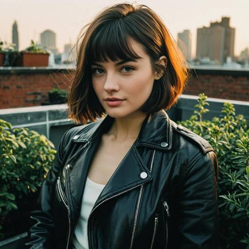 Woman with Shoulder-Length Bob Hairstyle in Leather Jacket on Rooftop