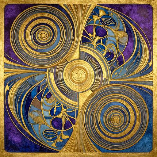 Abstract digital art featuring gold spiral patterns, blue and purple hues, and intricate, swirling lines against a textured background.