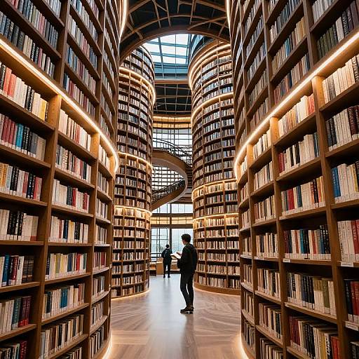 Photograph of a modern library aisle with two tall, curved bookshelves on either side, illuminated by warm, recessed lighting, and a person