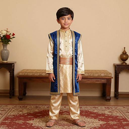 Photograph of a young South Asian boy in traditional golden and blue traditional attire, standing in a warmly lit room with floral vase and wooden bench in background