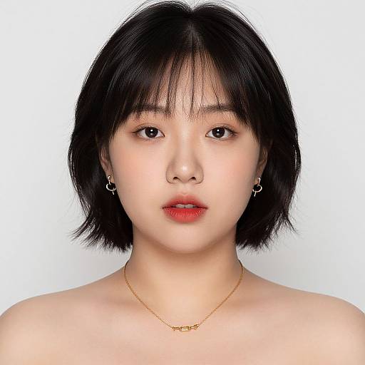 Digital portrait of an Asian woman with short black hair, fair skin, red lipstick, gold hoop earrings, and a delicate gold necklace, against a white