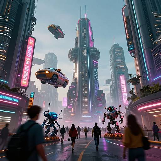 Neon-lit cyberpunk cityscape with hovering cars, robotic figures, and diverse pedestrians on a wet street, surrounded by towering skyscrapers.