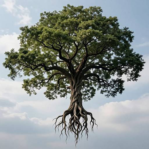 Photograph of a large, floating tree with dense green leaves and visible roots against a clear, light blue sky.