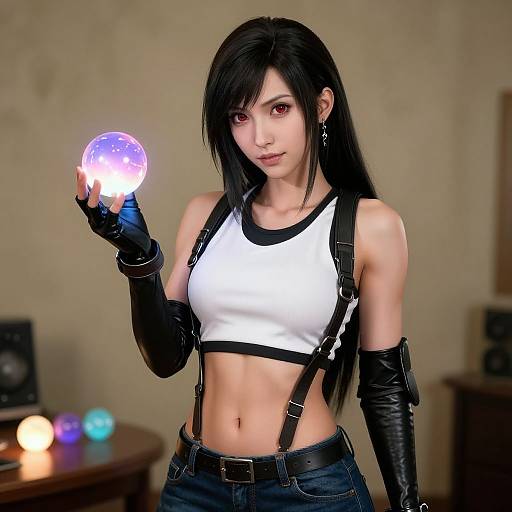 CGI image of a black-haired anime girl with red eyes, wearing a white crop top, black gloves, and jeans, holding a glowing orb in