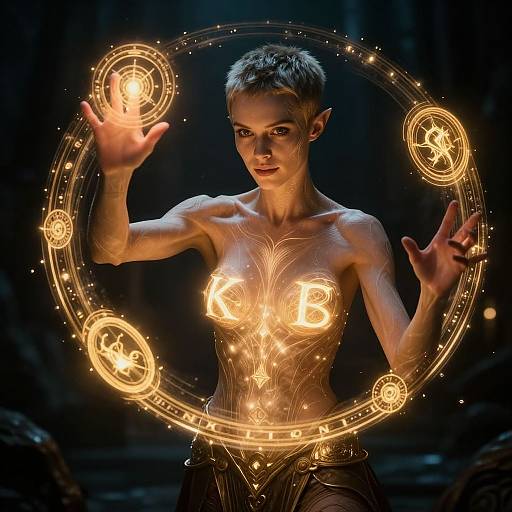 Photorealistic CGI of a muscular, short-haired, topless elf woman with glowing magic symbols around her, illuminating her chest and hands in a