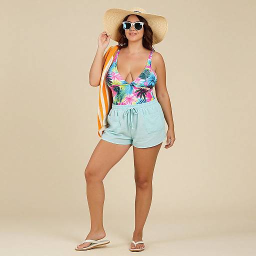 Photograph of a curvy woman with tan skin, wearing a colorful floral tank top, light blue shorts, wide-brimmed straw hat, white