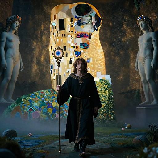 Ancient Druid with Mystic Staff in Mystical Landscape